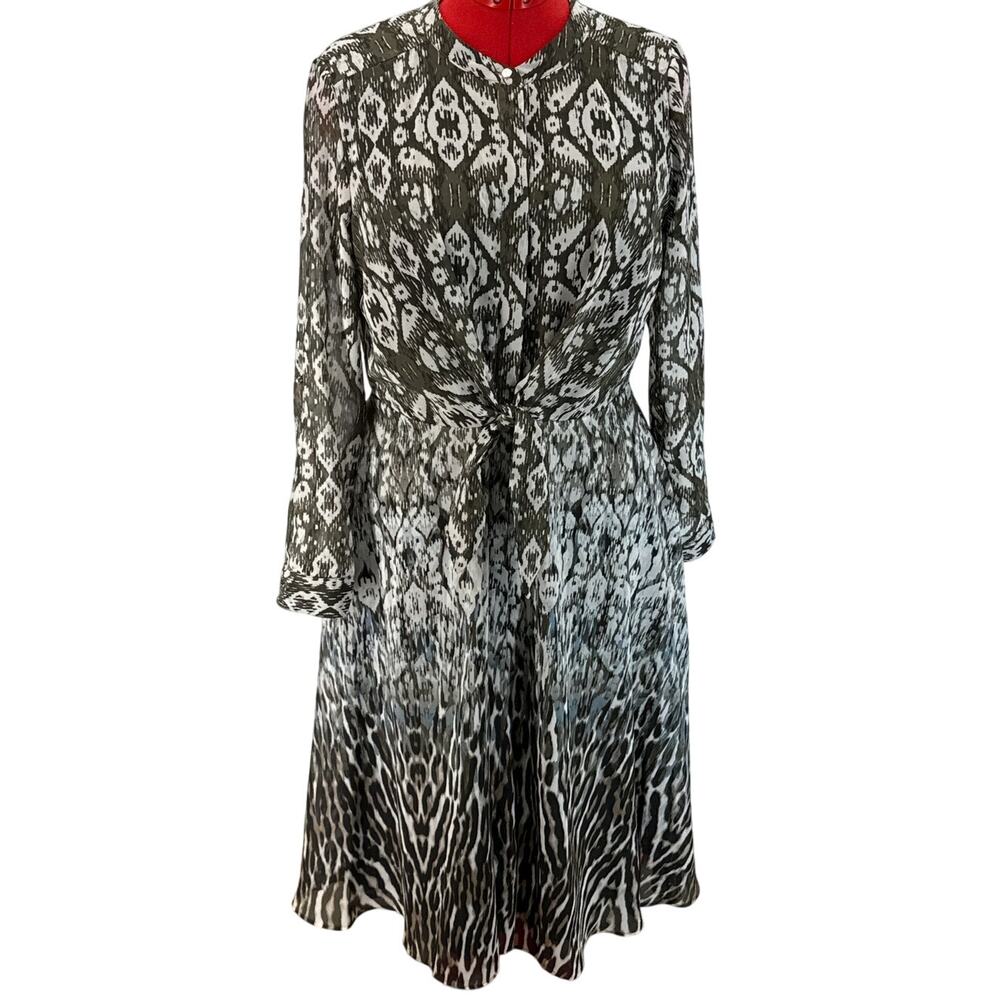 Donna Ricco Green Black Sheer Geometric Animal Tie Front Long Sleeve Dress 12